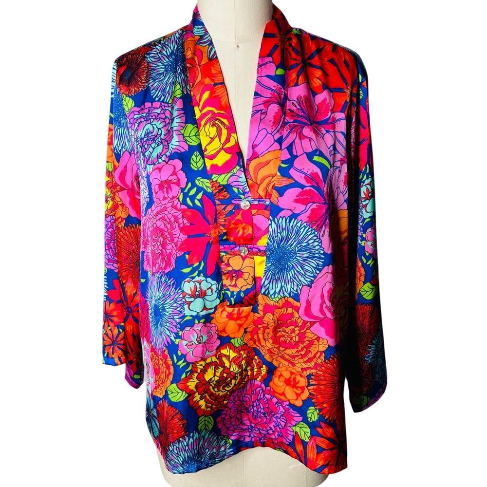 Natori Floral Print Satin V-Neck Tunic Top Size L Vibrant Neon Lounge Blouse